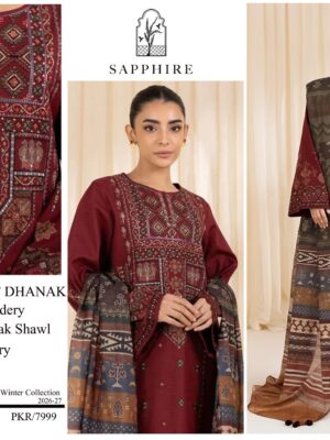 Sapphire Dhanak Embroidered 3 Pcs Suits for Stylish Ladies & Girls