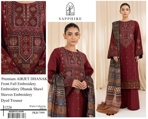 Sapphire Dhanak Embroidered 3 Pcs Suits for Stylish Ladies & Girls