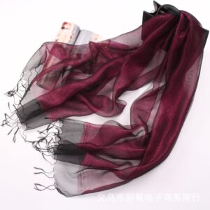 Ladies Double Layer Silk Tassel Scarf Wine Red Gold