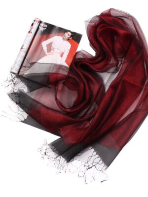 Ladies Double Layer Silk Tassel Scarf Wine Red Gold