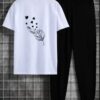 Women's White Black Cotton Printed Leaf Tracksuits