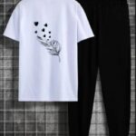Women's White Black Cotton Printed Leaf Tracksuits