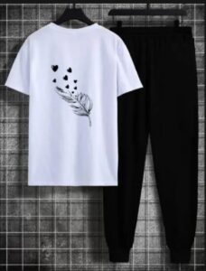 Women's White Black Cotton Printed Leaf Tracksuits