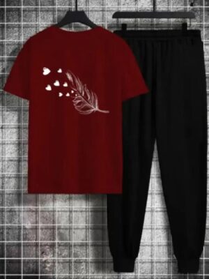 Women's Maroon Black Cotton Printed Leaf Tracksuits