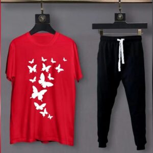 Women's Red Black Cotton Printed Butterflies Tracksuits
