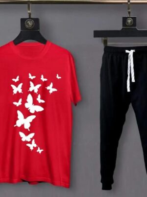 Women's Red Black Cotton Printed Butterflies Tracksuits