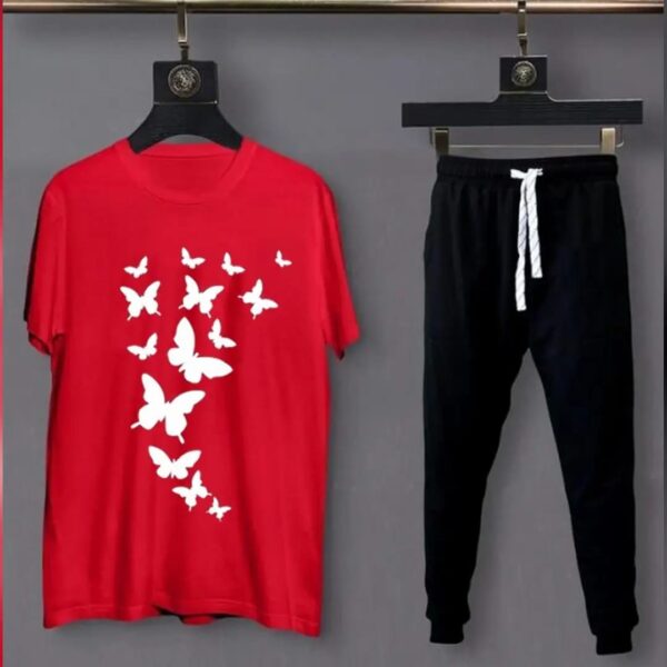 Women's Red Black Cotton Printed Butterflies Tracksuits