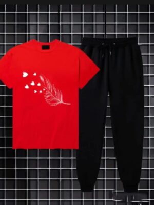 Women's Red Black Cotton Printed Leave Tracksuits