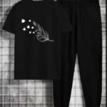 Women's Black Cotton Printed Leave Tracksuits