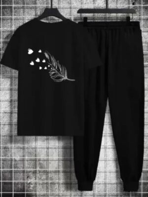 Women's Black Cotton Printed Leave Tracksuits