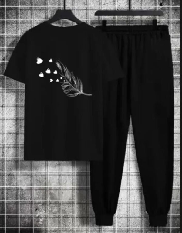 Women's Black Cotton Printed Leave Tracksuits