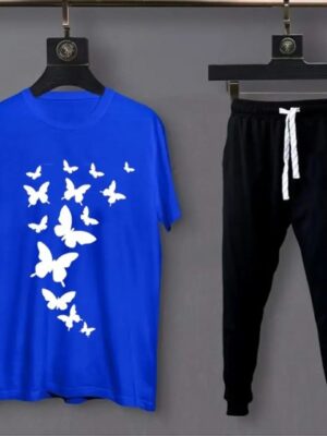 Women's Blue Black Cotton Printed Butterflies Tracksuits
