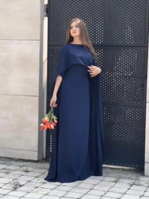 Women's 2Pc Stitched Plain Blue Cap Chiffon Shawl Maxi Suits
