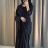 Women's Stitched Moonlight Black Glitter Long Sleeves Sari