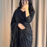 Women's Stitched Moonlight Black Glitter Long Sleeves Sari