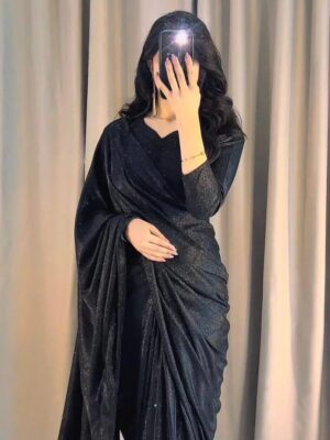 Women's Stitched Moonlight Black Glitter Long Sleeves Sari