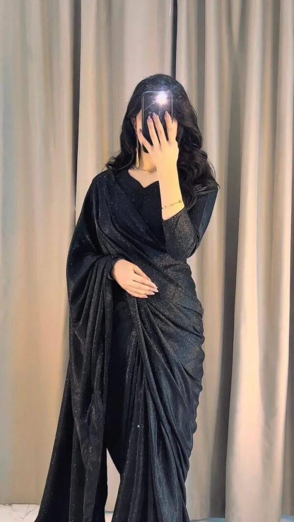 Women's Stitched Moonlight Black Glitter Long Sleeves Sari