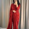 Women's Stitched Moonlight Red Glitter Long Sleeves Sari