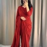 Women's Stitched Moonlight Red Glitter Long Sleeves Sari