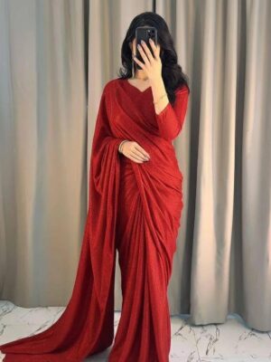 Women's Stitched Moonlight Red Glitter Long Sleeves Sari