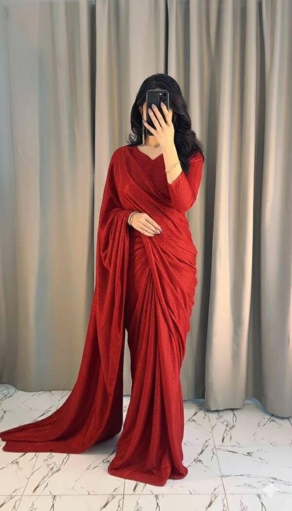 Women's Stitched Moonlight Red Glitter Long Sleeves Sari