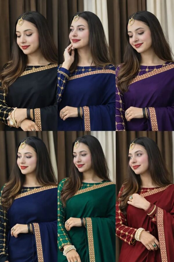 Women's 2Pc Stitched Shamoz Embroidery Silk Sari -6 Colors
