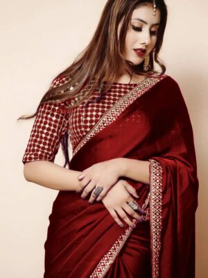Women's 2Pc Stitched Shamoz Embroidery Silk Sari -6 Colors