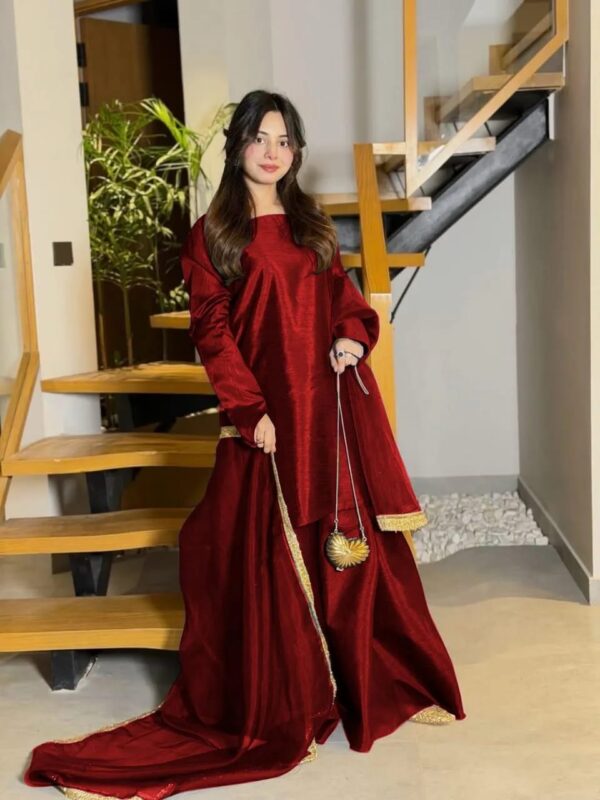 Women's Stitched Silk Long Flare Shararah Suits -Color Maroon