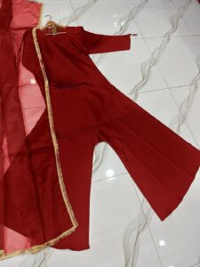Women's Stitched Silk Long Flare Shararah Suits -Color Maroon