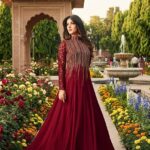 Women's Stitched Chiffon Maroon Sequins Embroidery Maxi Suits