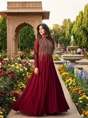 Women's Stitched Chiffon Maroon Sequins Embroidery Maxi Suits