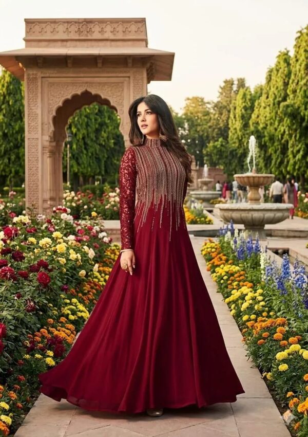 Women's Stitched Chiffon Maroon Sequins Embroidery Maxi Suits