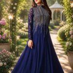 Women's Stitched Chiffon Blue Sequins Embroidery Maxi Suits