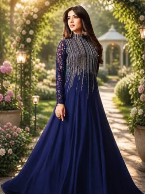 Women's Stitched Chiffon Blue Sequins Embroidery Maxi Suits
