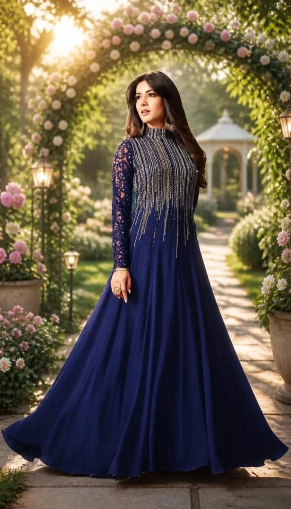 Women's Stitched Chiffon Blue Sequins Embroidery Maxi Suits