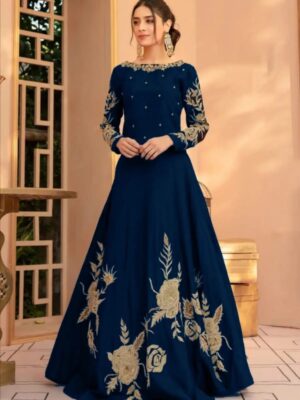 Women's Stitched Silk Embroidered Maxi Suits -Color Blue