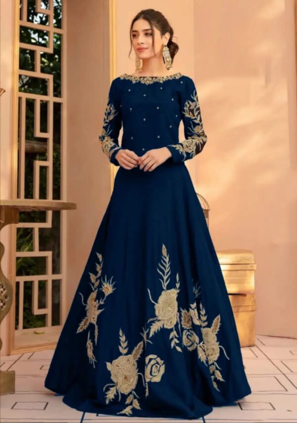Women's Stitched Silk Embroidered Maxi Suits -Color Blue