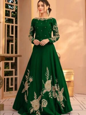 Women's Stitched Silk Embroidered Maxi Suits -Color Green