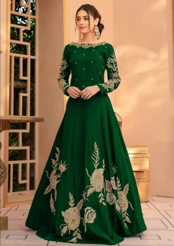 Women's Stitched Silk Embroidered Maxi Suits -Color Green