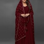 Women's Stitched Crinkle Chicken Embroidery Maxi Suits with Dupatta -Color Maroon