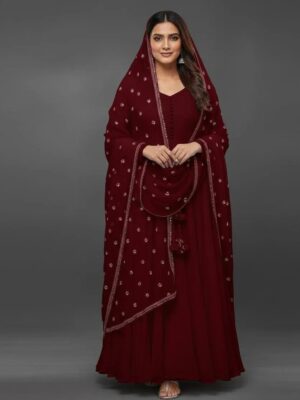 Women's Stitched Crinkle Chicken Embroidery Maxi Suits with Dupatta -Color Maroon