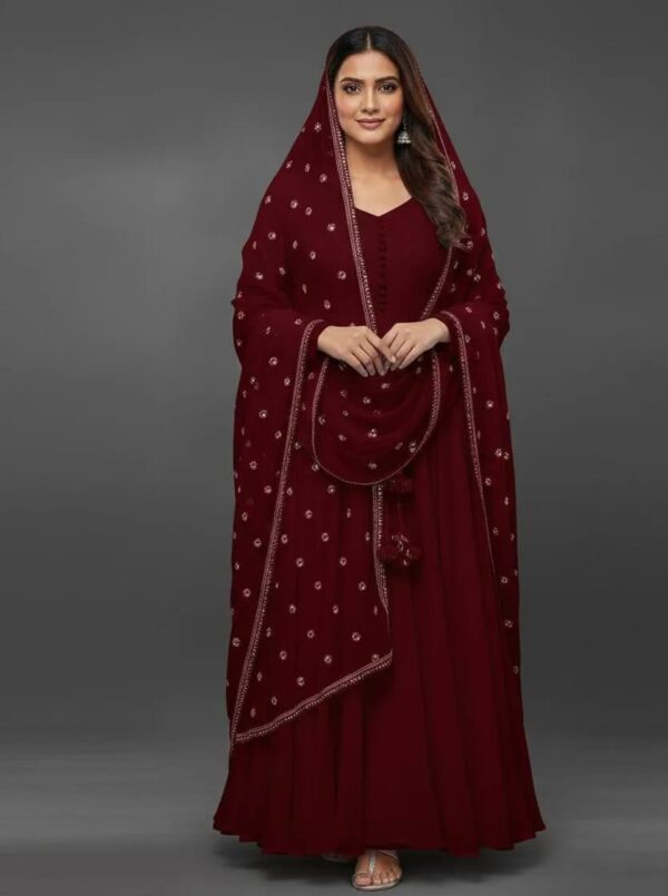 Women's Stitched Crinkle Chicken Embroidery Maxi Suits with Dupatta -Color Maroon