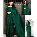 Women's Stitched Shamoz Silk Plain Sari -Color Green