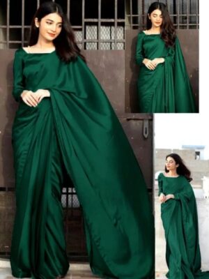 Women's Stitched Shamoz Silk Plain Sari -Color Green