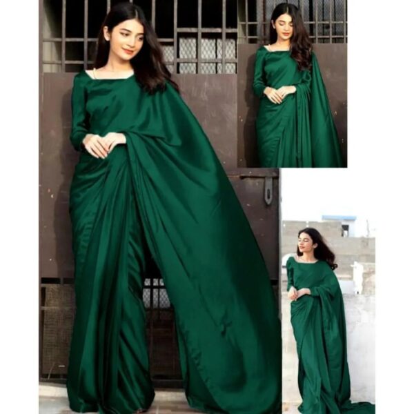 Women's Stitched Shamoz Silk Plain Sari -Color Green