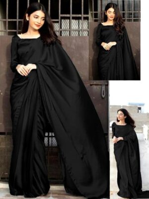 Women's Stitched Shamoz Silk Sari Color Black