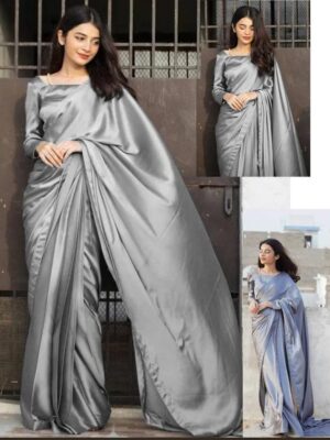 Women's Stitched Shamoz Silk Sari Color Grey