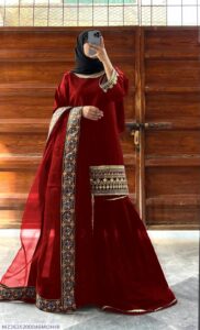 Women's Stitched Shamoz Silk Embroidered Gharara Suits -Color Maroon