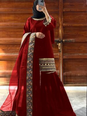Women's Stitched Shamoz Silk Embroidered Gharara Suits -Color Maroon