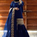 Women's Stitched Shamoz Silk Embroidered Ghararah Suits Color Blue